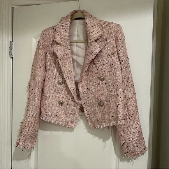 Aqua Tweed Double Breasted Cropped Blazer - Picture 2 of 10